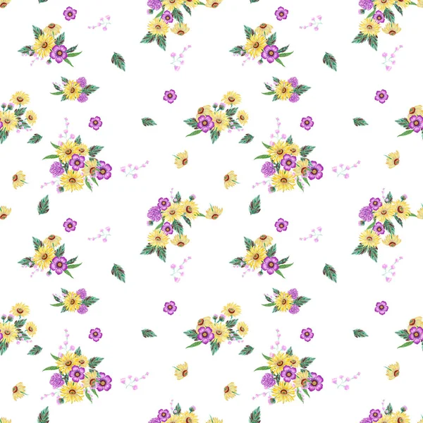 Hand Painting Seamless Repeat Background Pattern Inspired Bouquet Yellow Purple — Zdjęcie stockowe