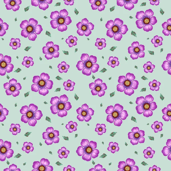 Hand Painting Seamless Background Pattern Inspired Blossom Blooming Botanical Purple — 图库照片