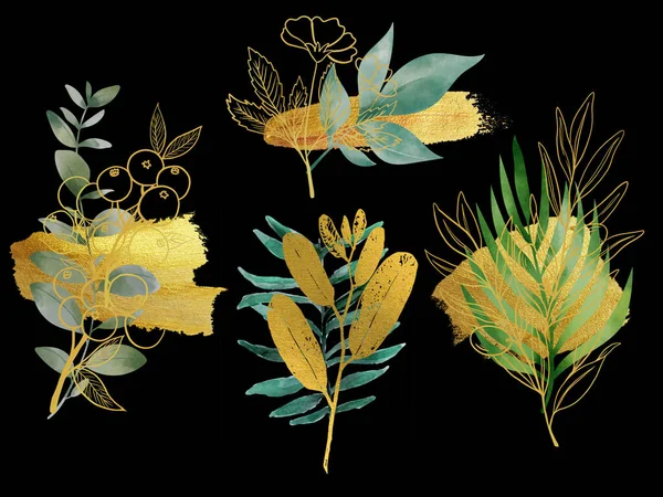 Template Gold Element Ornamental Arrangement Watercolor Botanical Plant Tree Foliage — Foto Stock