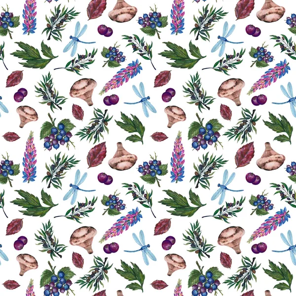 Watercolor Gouache Deamless Pattern Lavender Bloom Blueberry Branch Foliage Olive — Zdjęcie stockowe