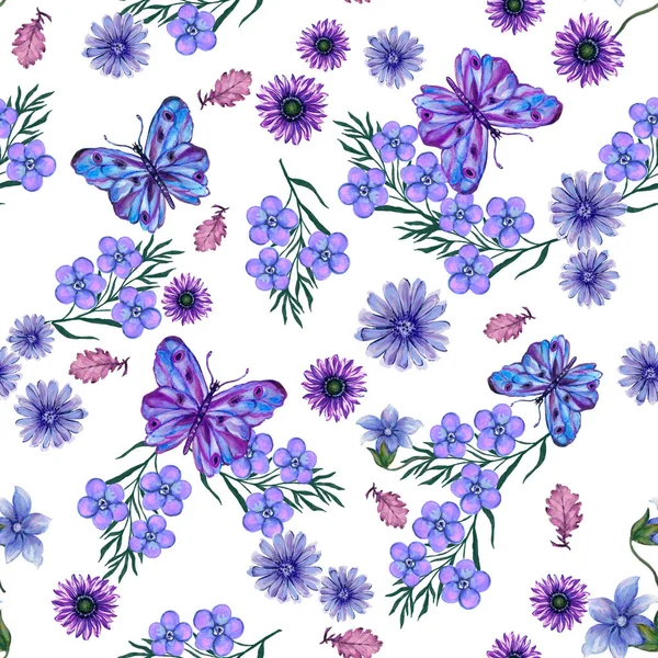 Classic Blue Purple Flower Botanical Bouquet Plant Dry Leaves Butterfly —  Fotos de Stock
