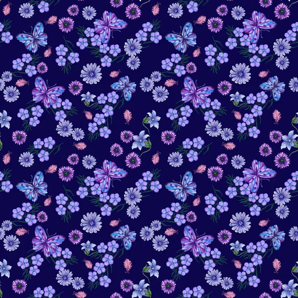 Classic blue purple flower botanical bouquet plant dry leaves and butterfly Trendy fall winter cozy collection seamless repeat pattern watercolor illustration 