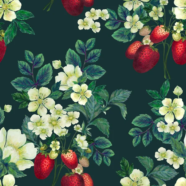 Bouquet Foliage Flower Blossoms Trawberry Leaf Seamless Pattern Romantic Vintage — Foto de Stock