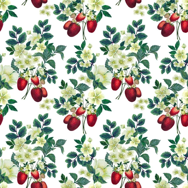 Bouquet foliage flower blossoms trawberry and leaf seamless pattern Romantic vintage background for textile, fabric, decorative paper watercolor gpuche  illustration