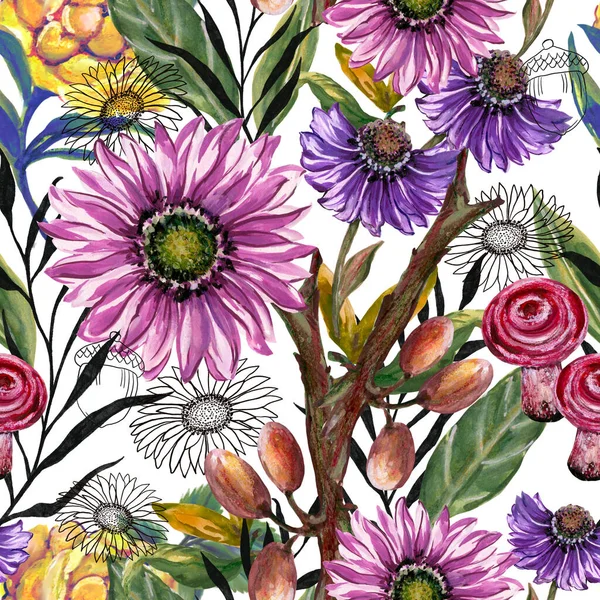 Seamless Repeate Pattern Design Mushrooms Gerbera Butterflies Nut Black Outline — Foto de Stock