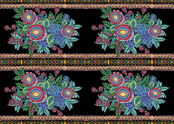 Folk Tribal Embroidery Craft Blue Flower Branches Leaves Hand Drawn — Fotografia de Stock
