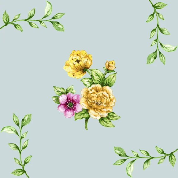 Pink Yellow Green Leaves Seamless Pattern Romantic Garden Flowers Illustration — Zdjęcie stockowe