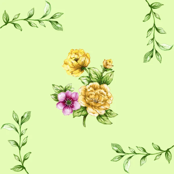 Pink Yellow Green Leaves Seamless Pattern Romantic Garden Flowers Illustration — Fotografia de Stock