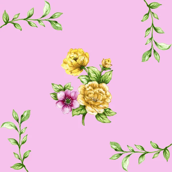 Ροζ Και Κίτρινα Πράσινα Φύλλα Χωρίς Ραφή Μοτίβο — Φωτογραφία Αρχείου