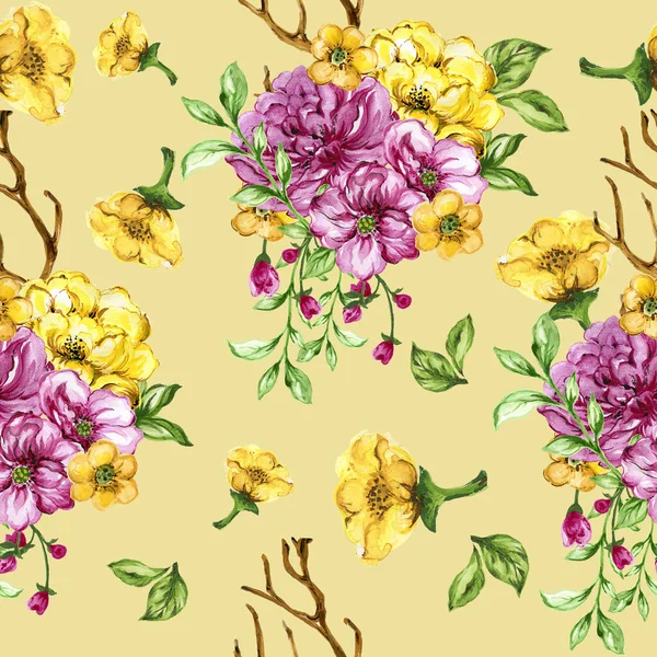Seamless Floral Bouquet Pattern Flower Pink Yellow Watercolor — Stok fotoğraf