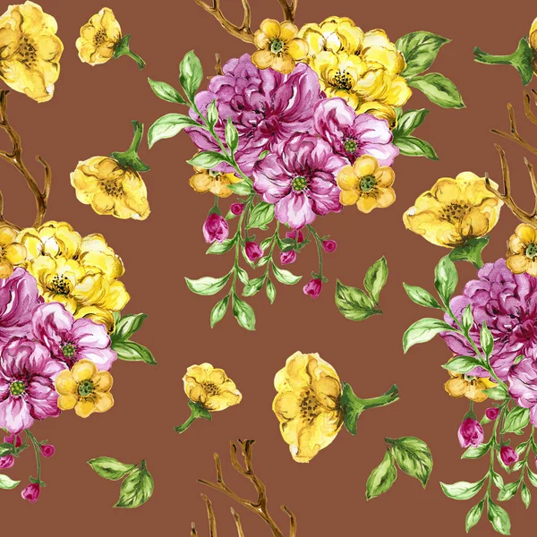 Seamless Floral Bouquet Pattern Flower Pink Yellow Watercolor — 图库照片