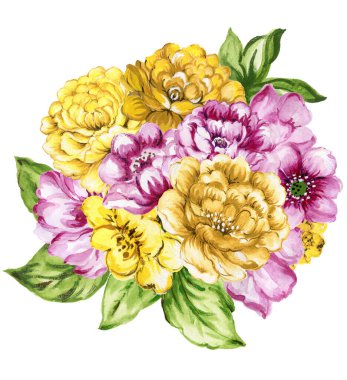 watercolor gouache elegant vintage bouquet yellow and purple or violet flower hand painted