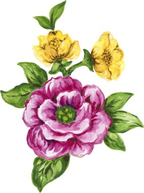 watercolor gouache elegant vintage yellow and purple or violet flower hand painted