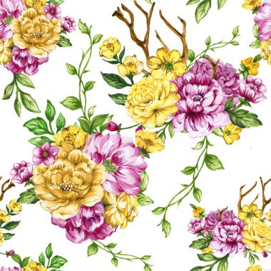 Colorful floral collection with leaves and flowers Beautiful floral background of watercolor sketches for the design and decoratio