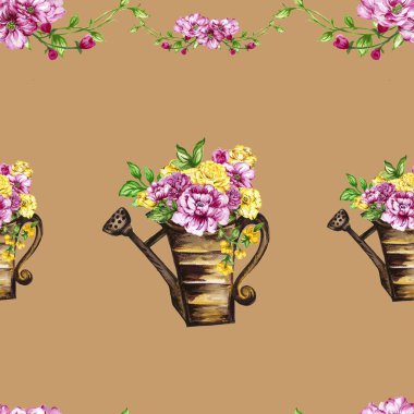 Hand paint floral yellow and pink flowerpot pattern watercolor gouache