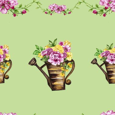 Hand paint floral yellow and pink flowerpot pattern watercolor gouache