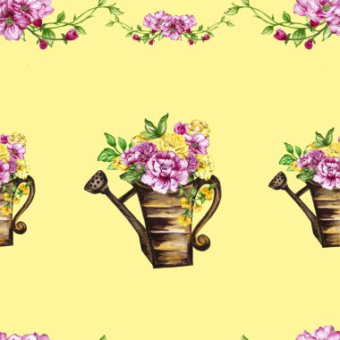 Hand paint floral yellow and pink flowerpot pattern watercolor gouache