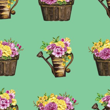 Hand paint floral yellow and pink flowerpot pattern watercolor gouache
