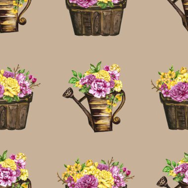 Hand paint floral yellow and pink flowerpot pattern watercolor gouache
