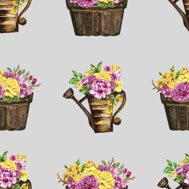 Hand paint floral yellow and pink flowerpot pattern watercolor gouache