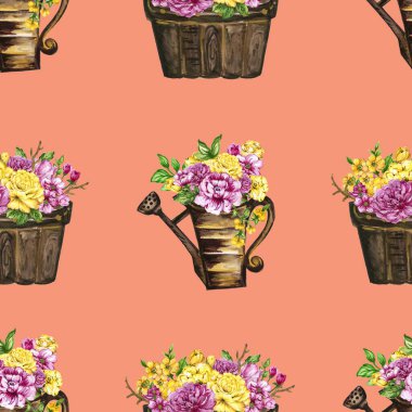 Hand paint floral yellow and pink flowerpot pattern watercolor gouache