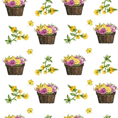 Hand paint floral yellow and pink flowerpot pattern watercolor gouache