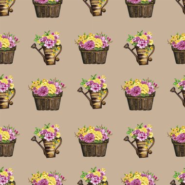Hand paint floral yellow and pink flowerpot pattern watercolor gouache