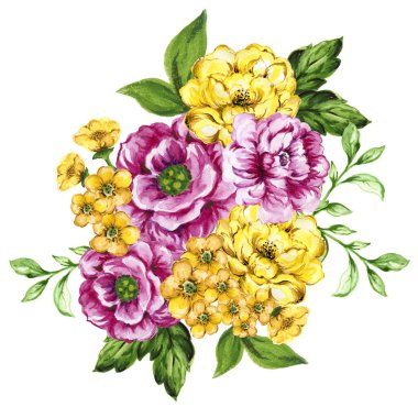 Watercolor gouache liberty vintage sweet bouquet of flowers stock illustration pink and yellow color 
