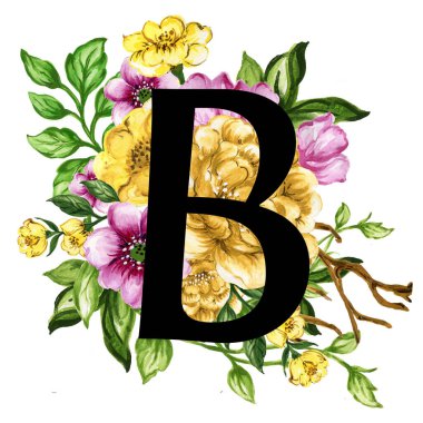 Floral ornate letters flowers pink, yellow vintage font and flower ornaments alphabet. Royal ornate abc, flourishes decor elegant letter or antique alphabet illustration set