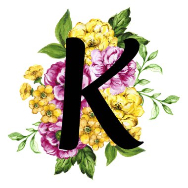 Floral ornate letters flowers pink, yellow vintage font and flower ornaments alphabet. Royal ornate abc, flourishes decor elegant letter or antique alphabet illustration set