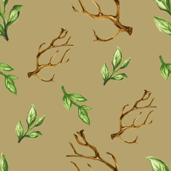 Watercolor Dry Tree Leaves Branches Seamless Pattern Set Hand Painting — ストック写真