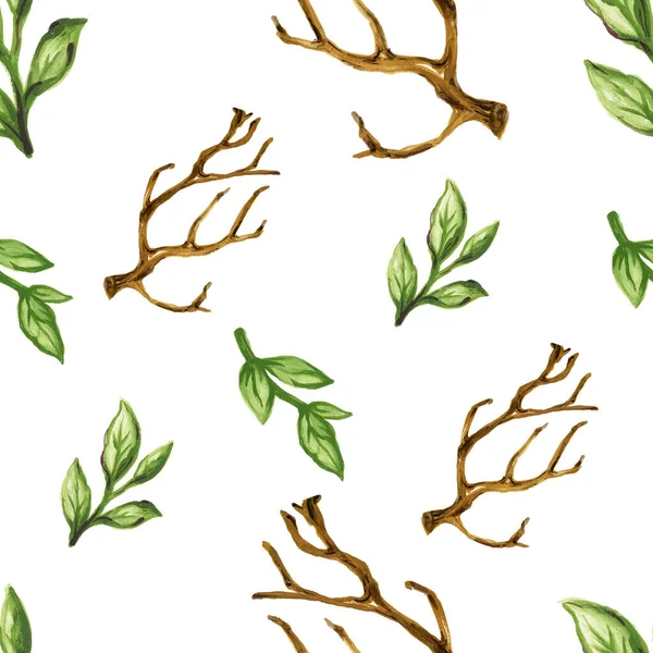 Watercolor Dry Tree Leaves Branches Seamless Pattern Set Hand Painting — ストック写真