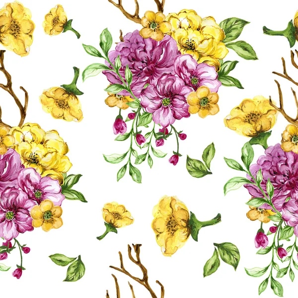 Seamless Floral Bouquet Pattern Flower Pink Yellow Watercolor — Stok fotoğraf