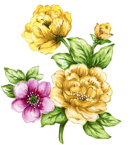 Watercolor Gouache Elegant Vintage Yellow Purple Flower Hand Painted — Stock Fotó