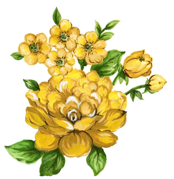 Ακουαρέλα Γουάς Κομψό Vintage Κίτρινο Λουλούδι Χέρι Βαμμένο — Φωτογραφία Αρχείου