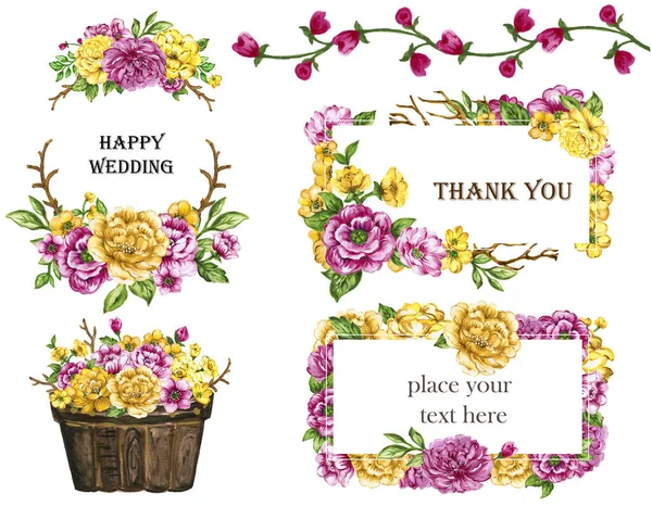 Watercolor Bouquets Flowers Yellow Pink Wreath Frame Set — Stock Photo, Image