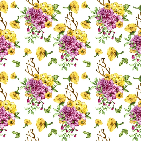 Seamless Floral Bouquet Pattern Flower Pink Yellow Watercolor Gouache — 图库照片