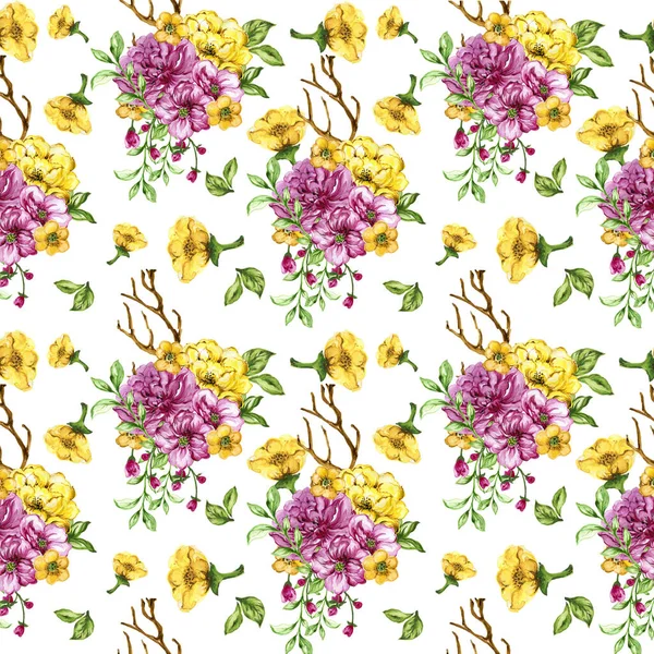Seamless floral bouquet pattern with Flower pink and yellow, watercolor gouache