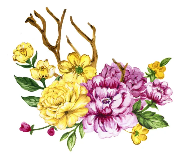 watercolor gouache elegant vintage bouquet yellow and purple flower