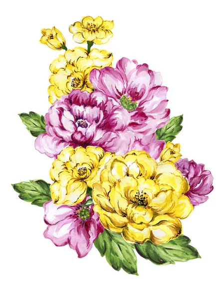 watercolor gouache elegant vintage yellow and purple or violet flower hand painted