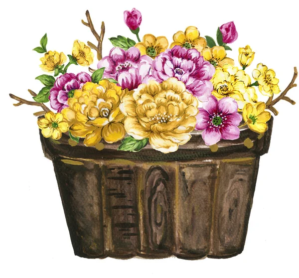 Watercolor Gouache Elegant Vintage Flowerpot Yellow Purple Violet Flower — Fotografia de Stock