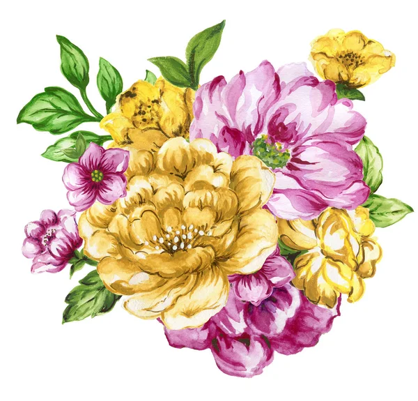 watercolor gouache elegant vintage bouquet yellow and purple or violet flower