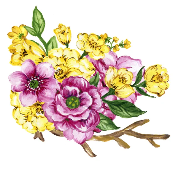 Watercolor Gouache Elegant Vintage Bouquet Yellow Purple Violet Flower — Zdjęcie stockowe