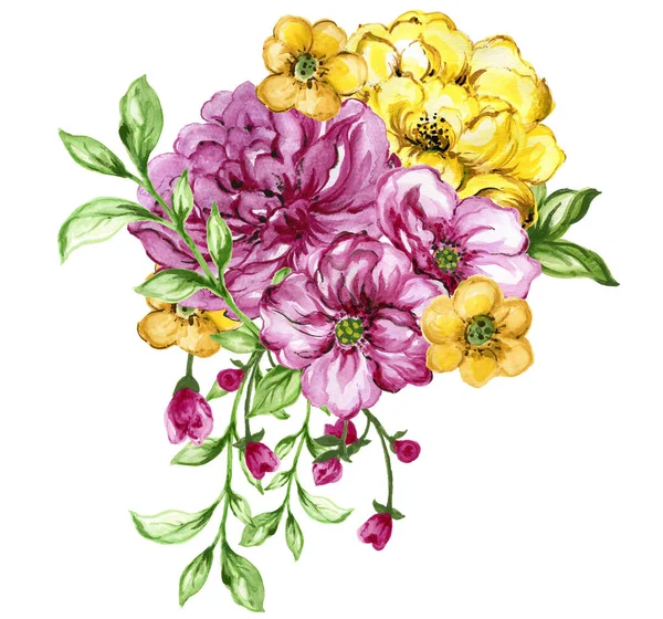 Watercolor Gouache Elegant Vintage Bouquet Yellow Purple Violet Flower Hand — Zdjęcie stockowe