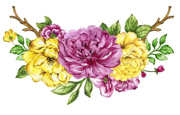 Hand Painted Floral Yelllow Pink Element Elegance Watercolor — Zdjęcie stockowe