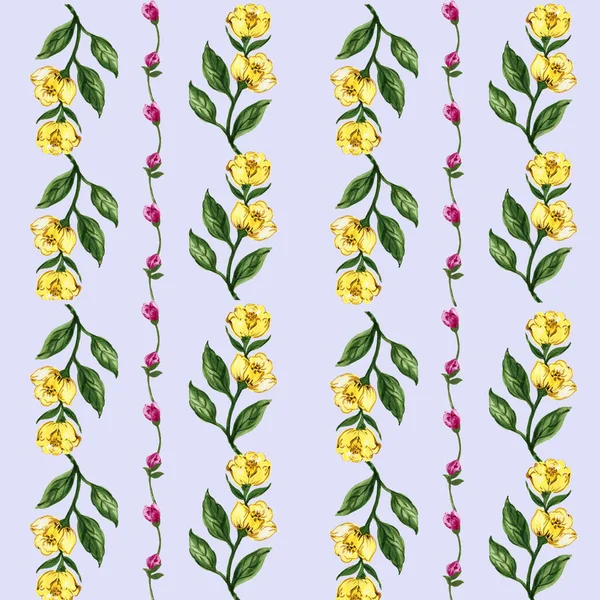 Безшовний Квітковий Візерунок Квітковим Рожевим Жовтим Акварельний Гуаш — стокове фото