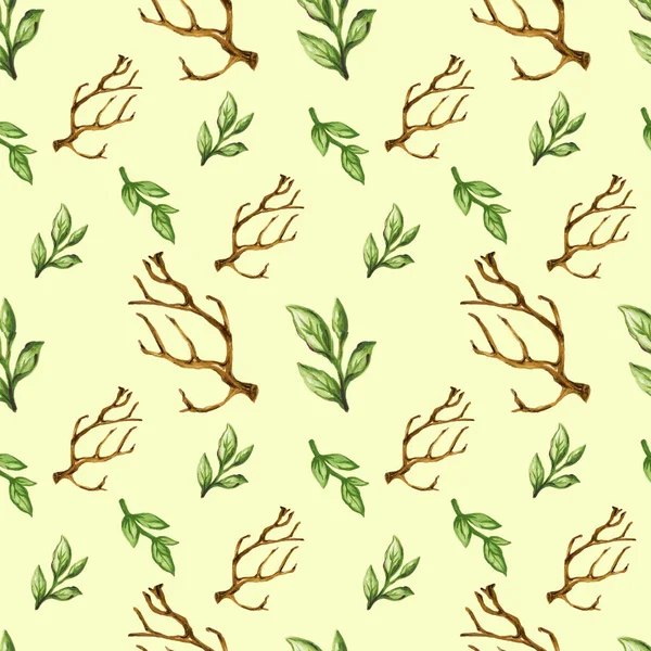Watercolor Dry Tree Leaves Branches Seamless Pattern Set Hand Painting — ストック写真