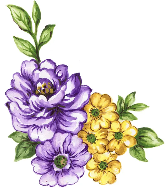 Watercolor Gouache Elegant Vintage Yellow Purple Violet Flower Hand Painted — Zdjęcie stockowe