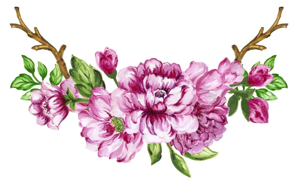 Colorful Vintage Wreath Collection Leaves Flowers Watercolor Gouache Hand Paint — Zdjęcie stockowe