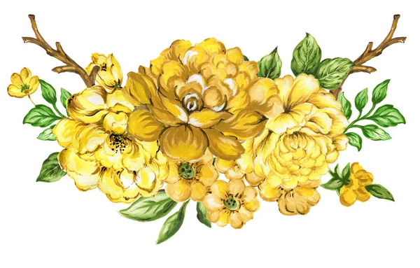 Πολύχρωμο Vintage Στεφάνι Συλλογή Φύλλα Και Λουλούδια Ακουαρέλα Gouache Χέρι — Φωτογραφία Αρχείου